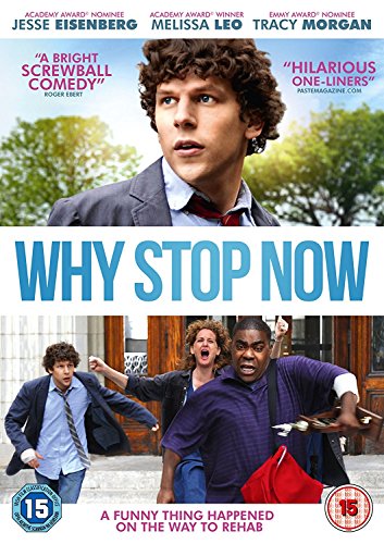 DVD cover for "Why Stop Now" featuring Jesse Eisenberg and Tracy Morgan.