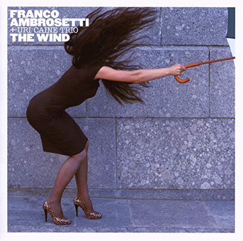 CD cover: woman in black dress battling wind with umbrella.