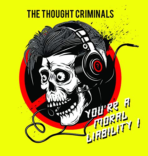 "Album cover with a skull wearing headphones on a bright yellow background."