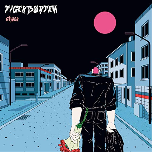 Album cover: illustrated man in black walks down a city street.