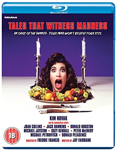 Blu-ray cover for "Tales That Witness Madness" featuring a shocked woman and fruit.