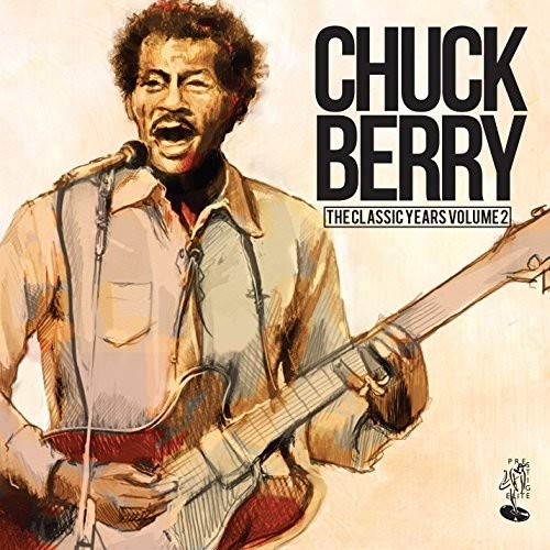"CD cover featuring a sketch of Chuck Berry playing guitar and singing into a microphone."
