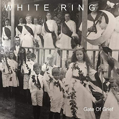 Black and white vinyl album cover with a vintage photograph of people in white attire.