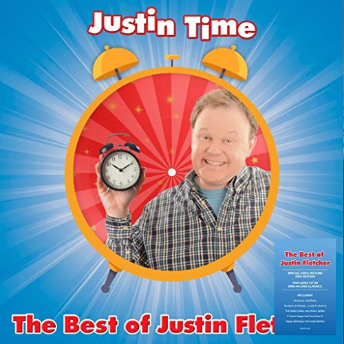 Justin Fletcher smiles holding a clock, framed by a red alarm clock design.