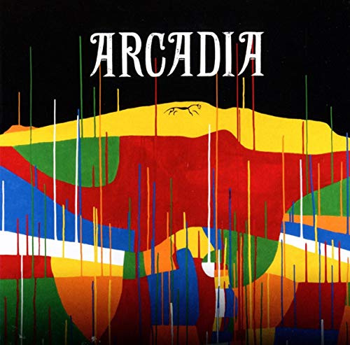 Arcadia album cover: abstract landscape with bold colors and a leaping cat.
