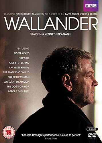 DVD cover for "Wallander" featuring Kenneth Branagh in a black shirt, looking to the right.