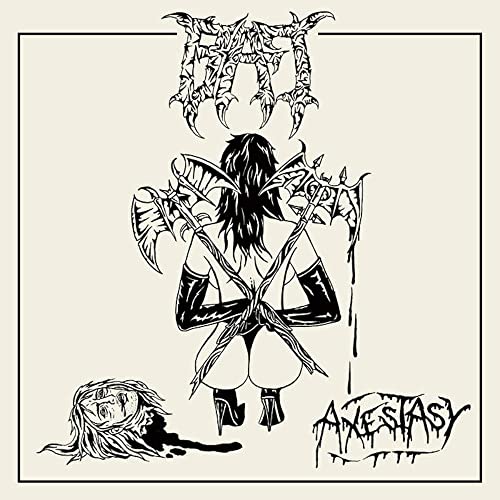 Black and white illustration of a woman holding two axes with a severed head.