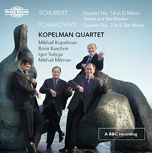 CD cover featuring the Kopelman Quartet posing with a large bronze sculpture.