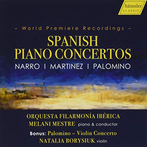 CD cover for "Spanish Piano Concertos" by Narro, Martinez, and Palomino.