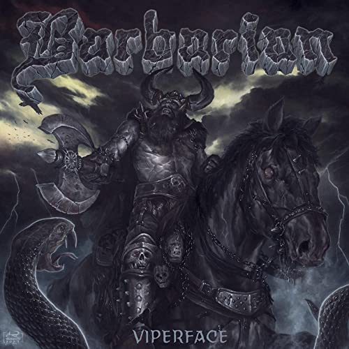 Barbarian album cover: armored warrior on horseback with snakes.