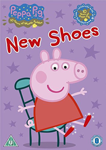 DVD cover featuring Peppa Pig sitting on a chair, wearing red shoes, on a purple background.