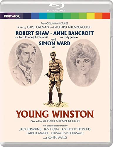 Young Winston" Blu-ray cover featuring portraits of Robert Shaw, Anne Bancroft, and Simon Ward.