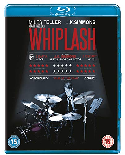 Blu-ray cover for the film Whiplash featuring a drummer playing a drum kit.