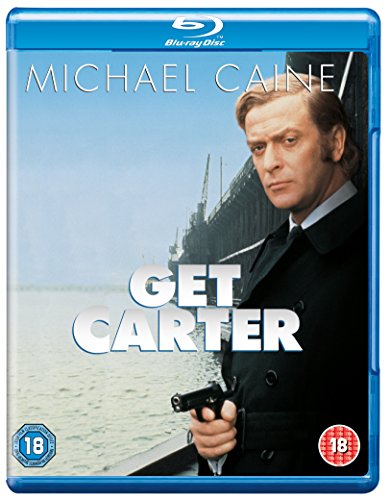 Blu-ray cover for “Get Carter” featuring Michael Caine with a gun.