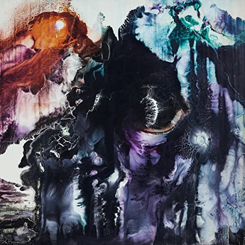Abstract painting with dark blues, purples, and orange highlights.