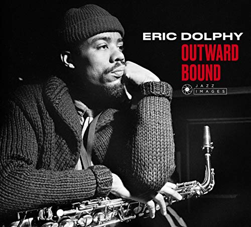 Eric Dolphy album cover, black and white portrait with saxophone.