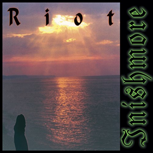 Vinyl album cover for Riot's "Inishmore" with sunset seascape imagery.