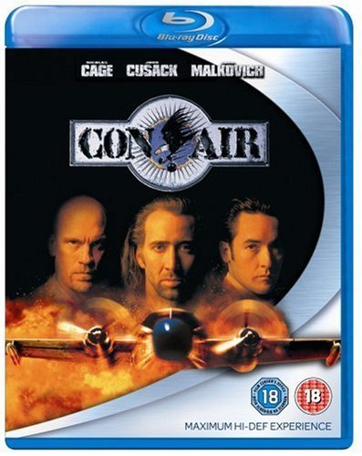 Con Air" Blu-ray cover featuring Nicolas Cage, John Cusack, and John Malkovich.