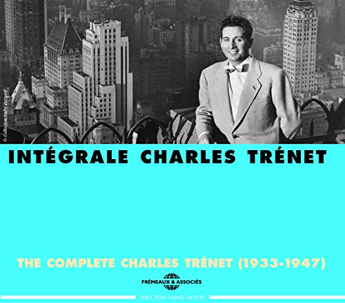 Charles Trenet portrait with city skyline, album cover for 10CD collection.