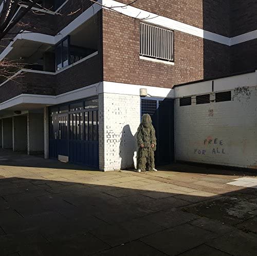 Vinyl album cover featuring a person in camouflage standing by a building.