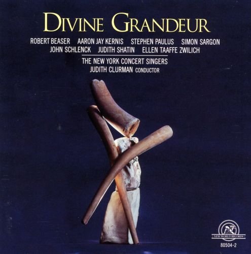 A CD cover with a sculpture of a person carrying wooden beams on a dark background.