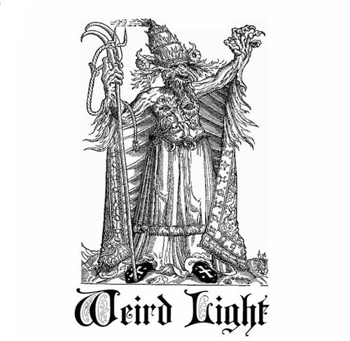 Black and white illustration of a horned, robed figure with a staff.
