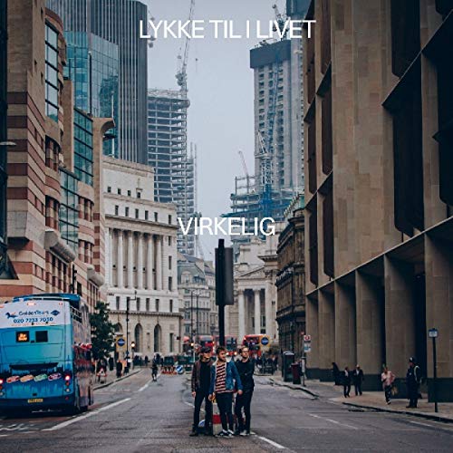 "Album cover with city street scene, people, and buildings, titled 'Virkelig'."