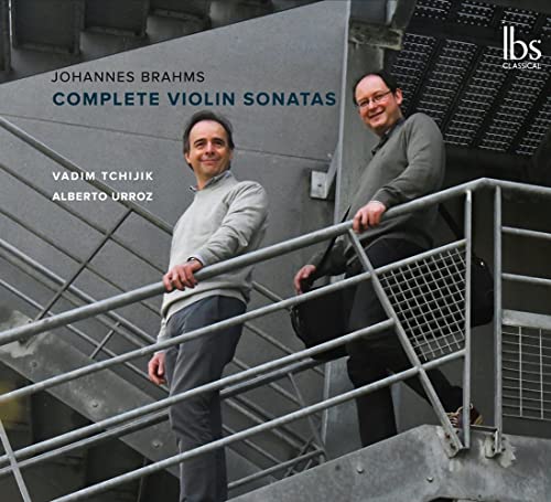 CD cover featuring two men, Vadim Tchijik and Alberto Urroz, and text “Johannes Brahms.”
