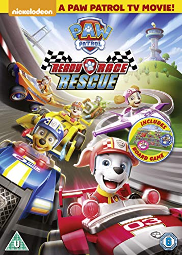 Paw Patrol characters racing cars and flying, DVD cover art.