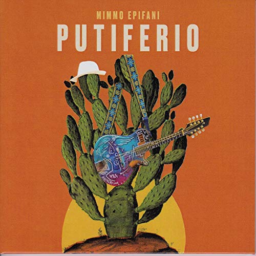 The image depicts a CD cover featuring a cactus with a guitar. "CD cover with cactus, guitar, and hat on orange background."