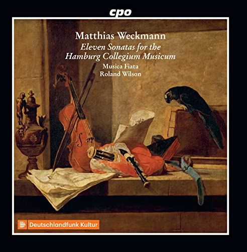 CD cover depicting baroque musical instruments, sheet music, and a parrot.