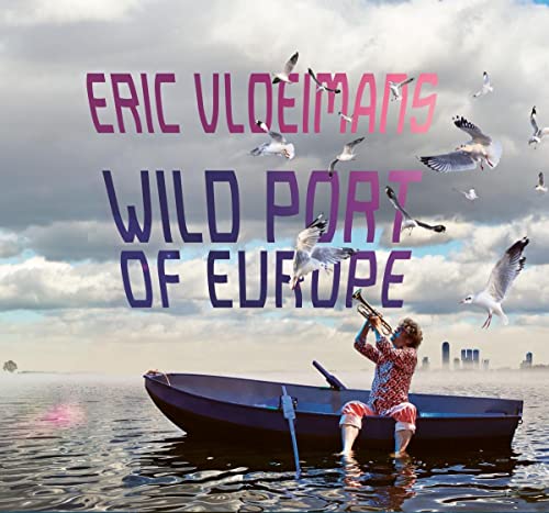 Man playing trumpet in a boat with seagulls and city skyline.