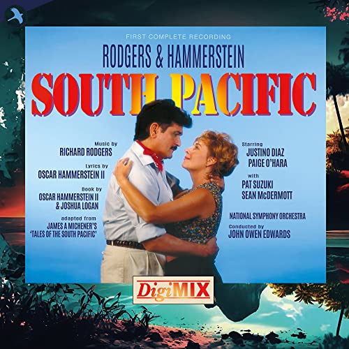 CD cover for "South Pacific" featuring a couple embracing, sunset backdrop.