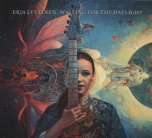 CD cover: woman with guitar, abstract colorful background art.