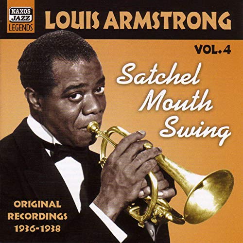 Louis Armstrong playing a golden trumpet, CD cover art.