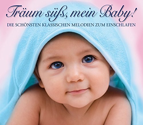 A baby with blue eyes, wrapped in a light blue cloth, against a pink background.
