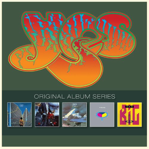 "Yes Original Album Series CD box set with five album covers and logo on green background."