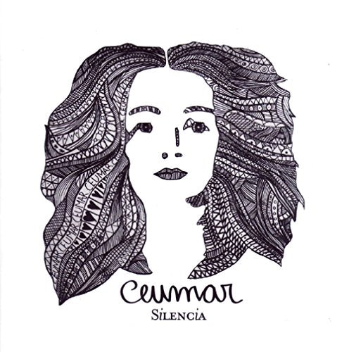 Black and white illustration of a woman's face with patterned hair on a white background.
