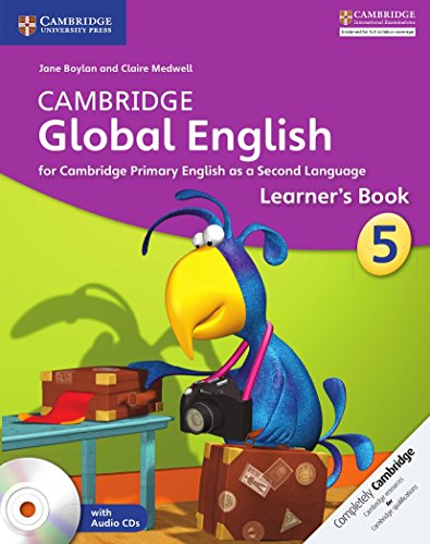 "Textbook cover with cartoon character and CD, titled 'Cambridge Global English Learner's Book 5'."