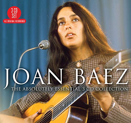 Joan Baez holding a guitar, album cover for "The Absolutely Essential.