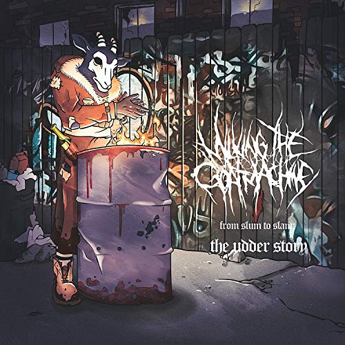 "Album cover with cartoon goat milking a trash can, surrounded by graffiti."