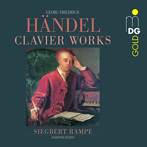 "CD cover featuring a portrait of George Frideric Handel in red attire, playing harpsichord."