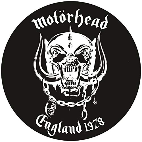 Black vinyl record with white skull and text "Motörhead England 1978" on a circular label.
