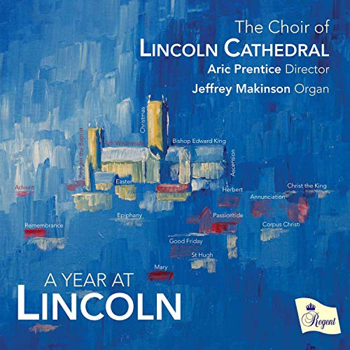 A blue CD cover featuring an abstract cityscape with text "The Choir of Lincoln Cathedral".