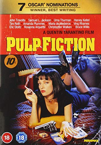 Pulp Fiction DVD cover featuring Uma Thurman smoking and a handgun.