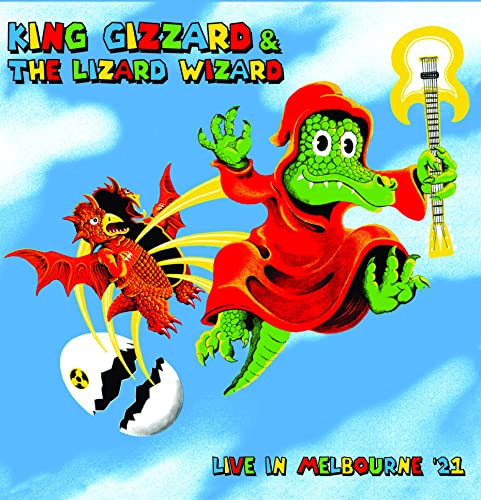 Album cover: cartoon alligator and dragon flying with a guitar.