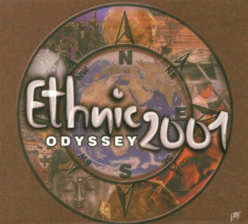 "CD cover with 'Ethnic Odyssey 2001' text, globe, and compass on brown background."