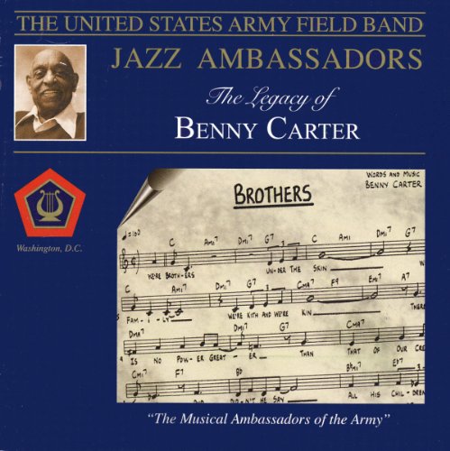 "CD cover with blue background, sheet music, and portrait of Benny Carter."