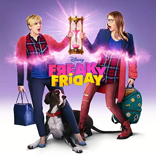 "Freaky Friday" movie poster featuring two women and a dog with hourglass.