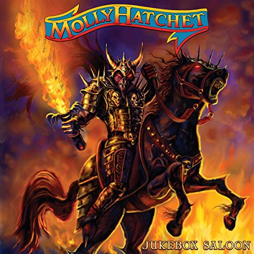 "Album cover art: knight on horseback surrounded by flames, with 'Molly Hatchet' and 'Jukebox Saloon' text."